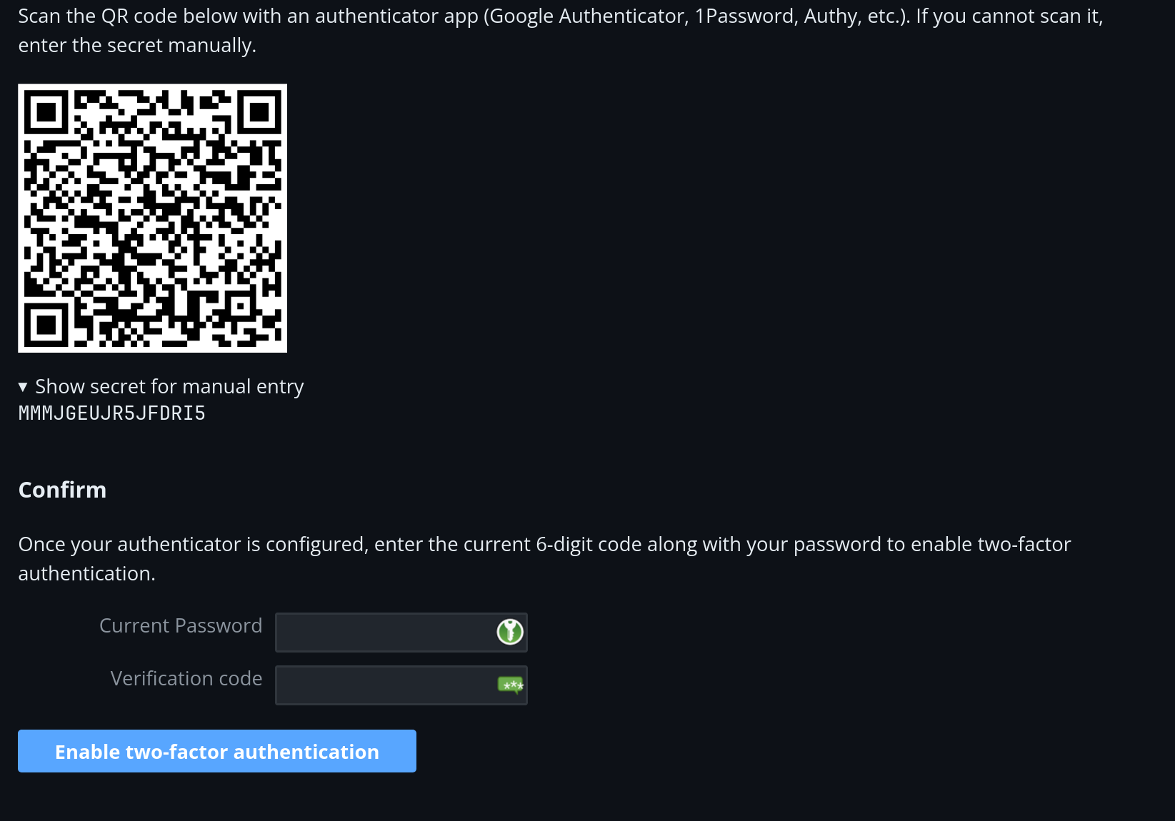 Enabling two-factor authentication